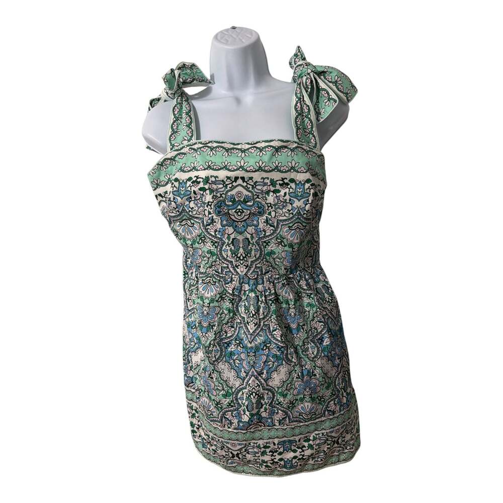 Shoshanna Paisley Tie Strap Mini Dress Size 8 Blue Green Smocked Back Cotton